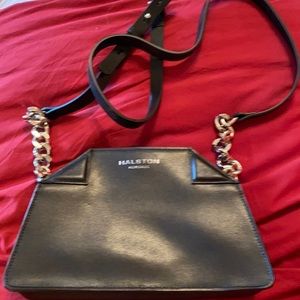 Halston black leather crossbody with silver chain